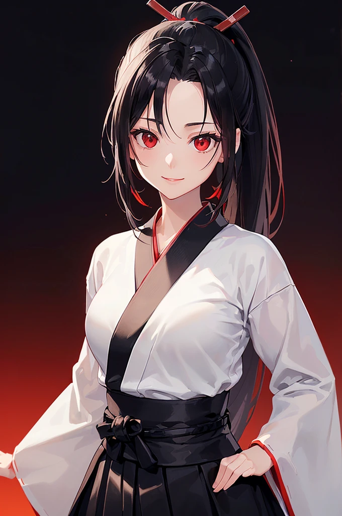 (masterpiece; best quality: 1.2), (finely detailed eyes: 1.3), ((25 year old woman)), ((solo)), (red eyes: 1.4), (body; lithe, slender, femenine: 1.3), (black hair in ponytail: 1.3), (beautiful and clear background: 1.2), ((depth of field)), (clothes: ronin attire + black-and-white hakama + red sash: 1.3), (anime illustration: 1.2), (background composition; kendo dojo + night time: 1.1), (extremely fine and beautiful: 1.1), (shot composition; standing + centered on torso + close-up: 1.5), (expression; calm, smile: 1.2)