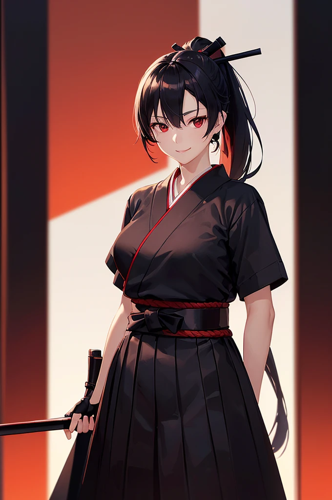 (masterpiece; best quality: 1.2), (finely detailed eyes: 1.3), ((25 year old woman)), ((solo)), (red eyes: 1.4), (body; lithe, slender, femenine: 1.3), (black hair in ponytail: 1.3), (beautiful and clear background: 1.2), ((depth of field)), (clothes: ronin attire + black-and-white hakama + red sash: 1.3), (anime illustration: 1.2), (background composition; kendo dojo + night time: 1.1), (extremely fine and beautiful: 1.1), (shot composition; standing + centered on torso + close-up: 1.5), (expression; calm, smile: 1.2)