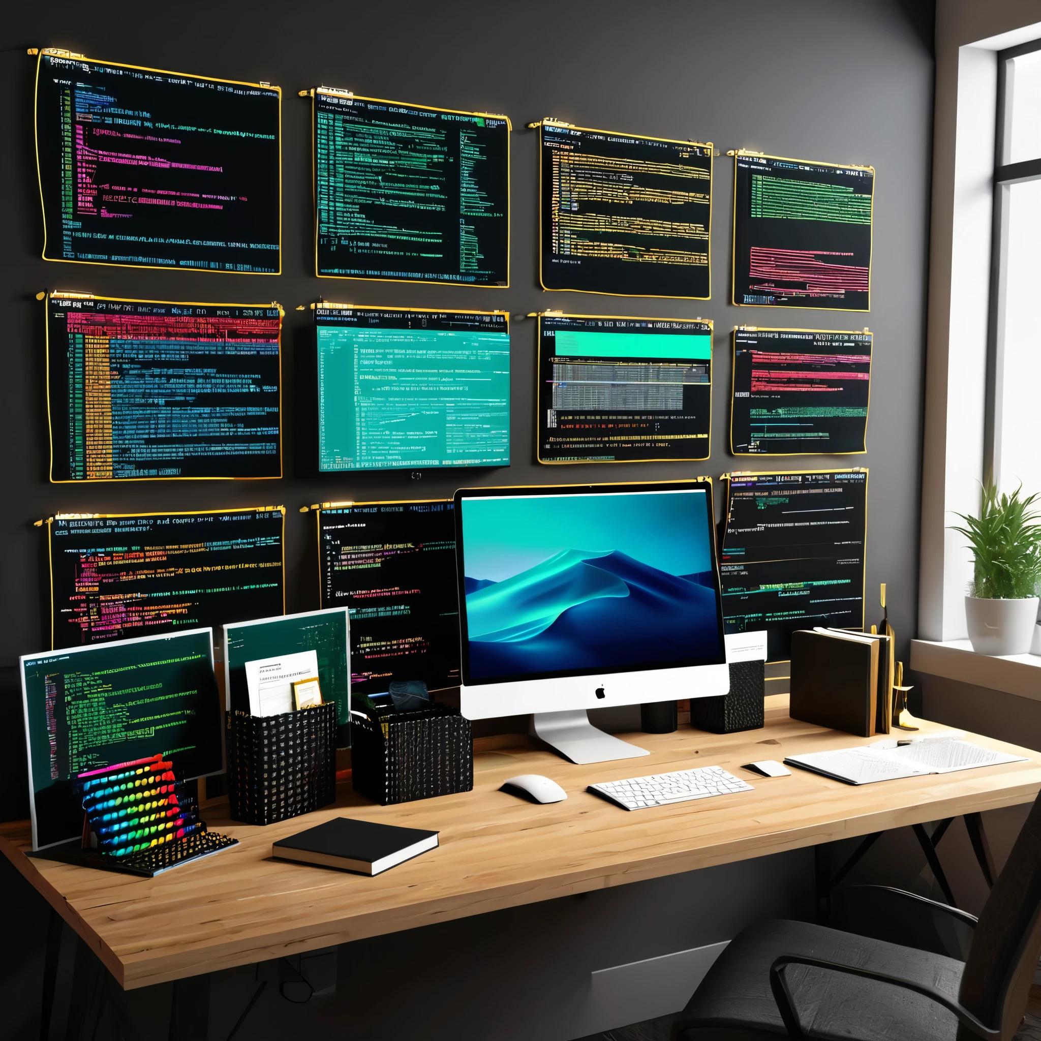 Create an 8K image of a programmer's workspace, highlighting the beauty of organized chaos. Showcase a desk filled with code snippets, reference books, and a 3D rendering of a complex software project in progress
