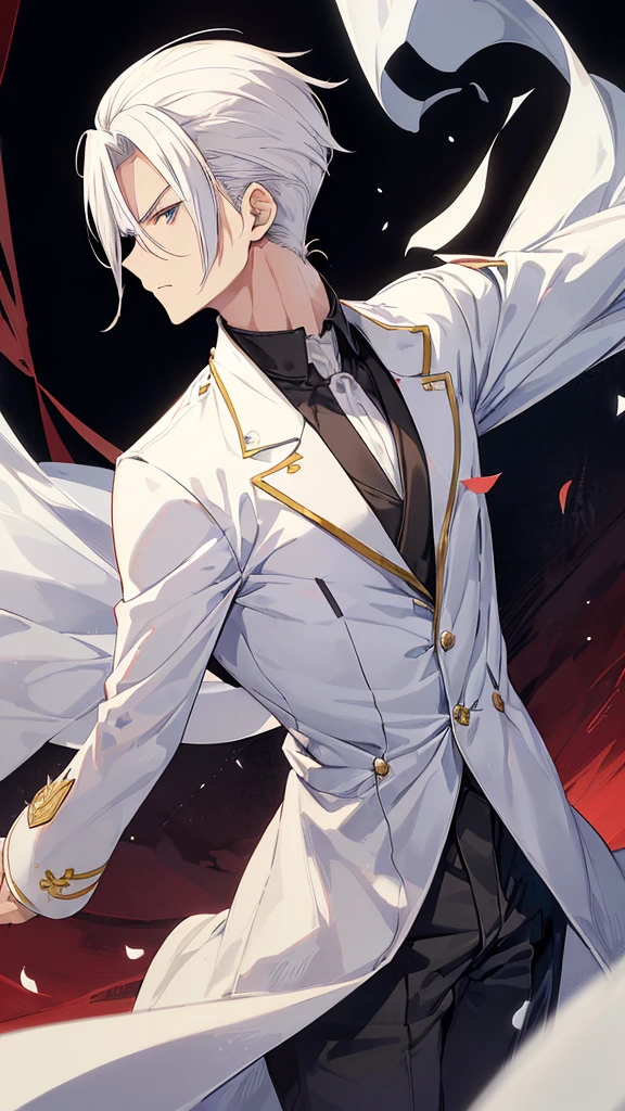 best quality,Japanese animation style 1adult male,((solo)),short hair,Protruding hair,white hair,((((Up-bang and parted into seven thirds)))),((hair slicked back)),small eyes,slant eyes, white eyes, 
stern expression,Tailcoat combat specifications based on white,folding one's arms,((castle room))