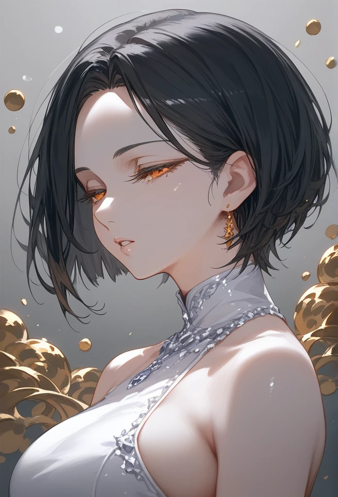 
masterpiece, Score_9, Score_8_up, Score_7_up, rear view, 1 woman, alone, dark black hair, very short hair, long parted bangs, gold and orange eyes, half-closed eyes, parted lips, expressionless, pale skin, large breasts, top body,
 long open bangs, with a mole under the mouth, cut style (boy), No bangs.