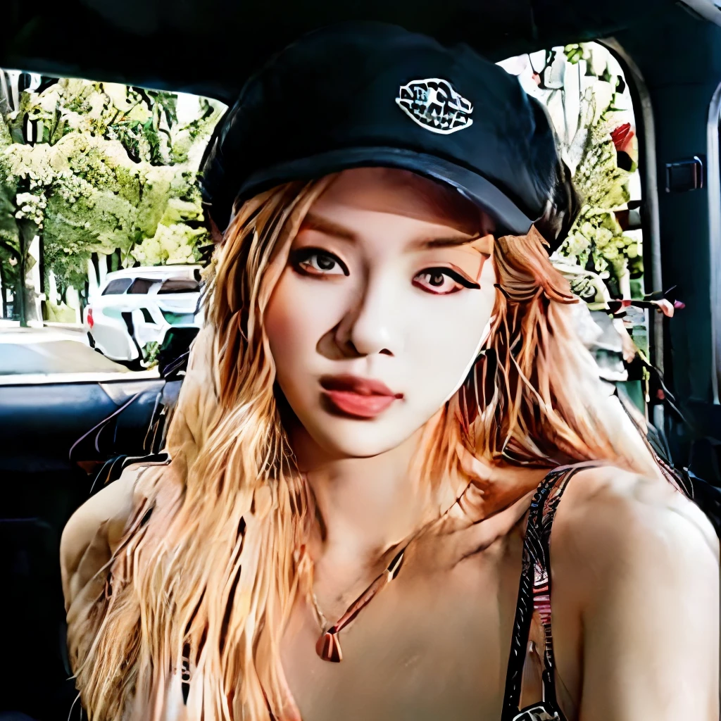 there is a woman sitting in the back seat of a car, wears a destroyed hat, Park Roseane, in style of petra collins, with hat de palha, with hat, she is wearing a hat, wearing a choker and a cute hat, ROSE, inspirado em Rose Blackpink, retrato sophie mudd, fierce languid park roseane, Wearing a cowboy hat