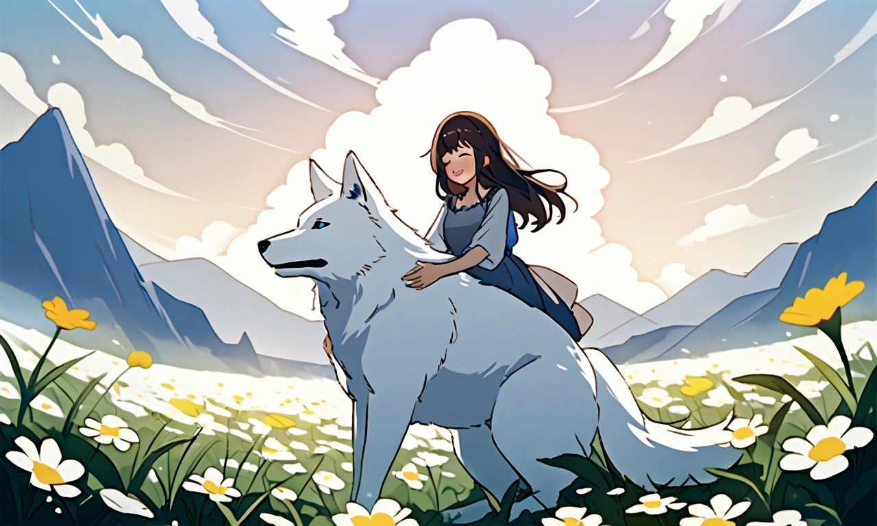 A girl is playing with a big white wolf in a flower field.