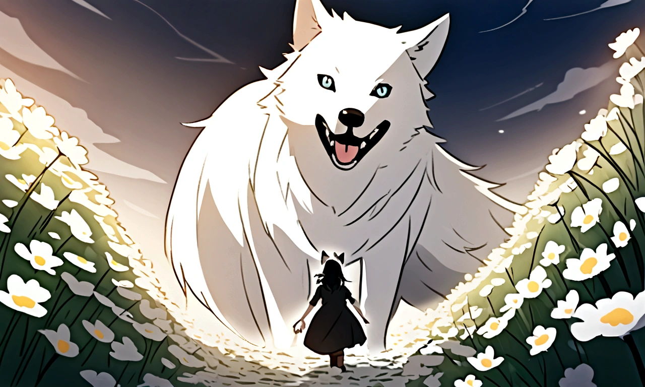 A girl is playing with a big white wolf in a flower field.