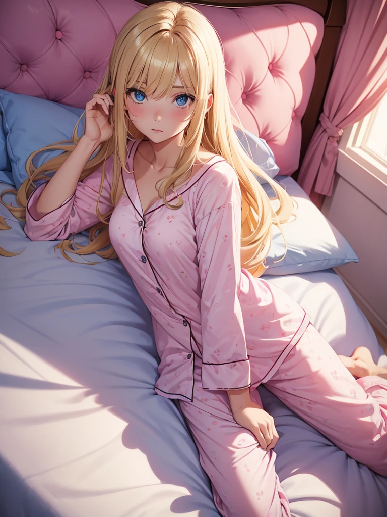 an adult girl, Blonde, blue eyes, loose hair, lying in her bed with a somewhat sick face, in pink full body pajamas