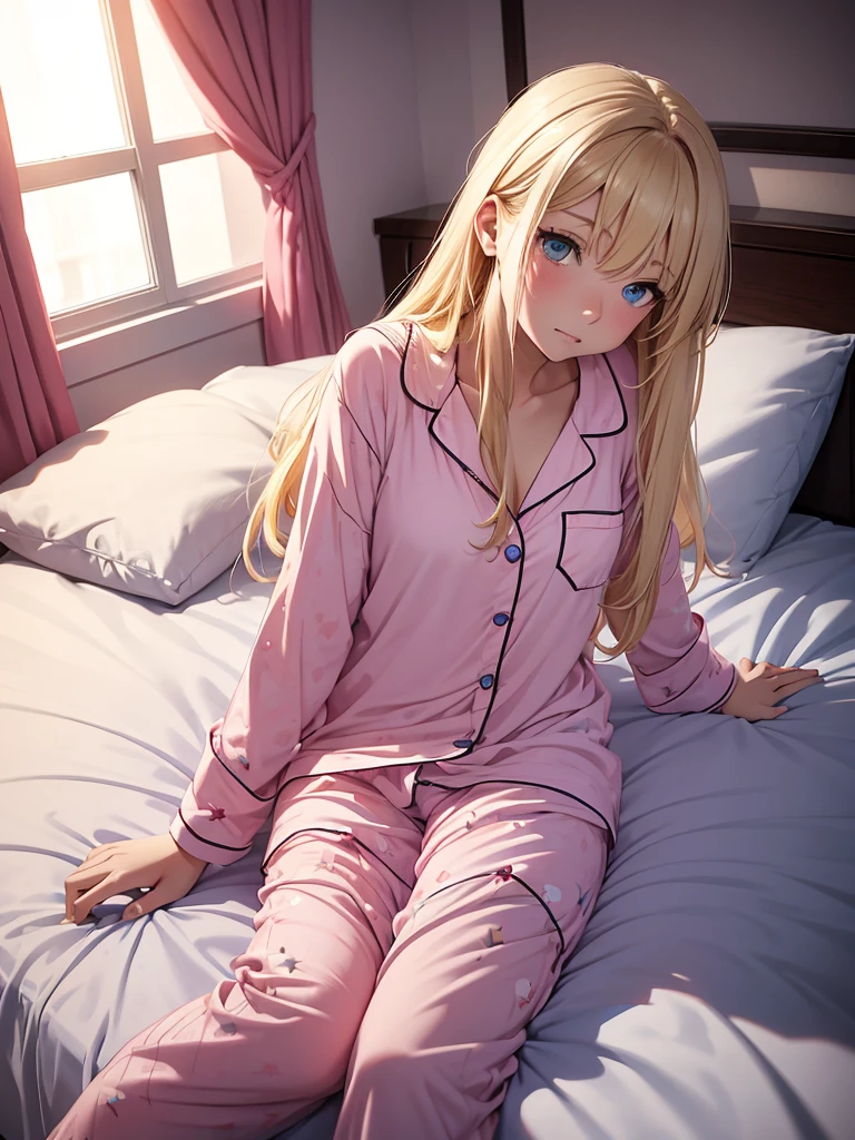 an adult girl, Blonde, blue eyes, loose hair, lying in her bed with a somewhat sick face, in pink full body pajamas