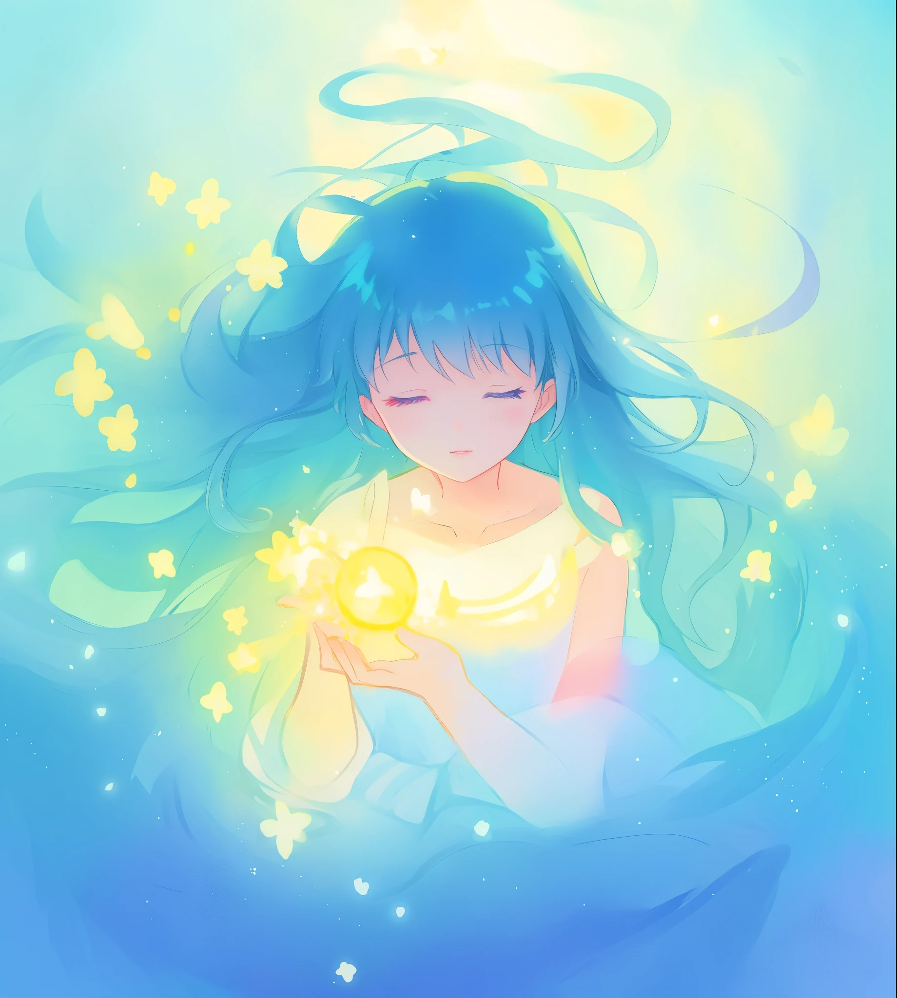 beautiful girl surrounded by liquid light, long wavy blue hair, watercolor illustration, inspired by Glen Keane, inspired by Lois van Baarle, disney art style, by Lois van Baarle, glowing aura around her, by Glen Keane, jen bartel, glowing lights! digital painting, flowing glowing hair, glowing flowing hair, beautiful digital illustration, fantasia otherworldly landscape plants flowers, beautiful, masterpiece, best quality, anime disney style