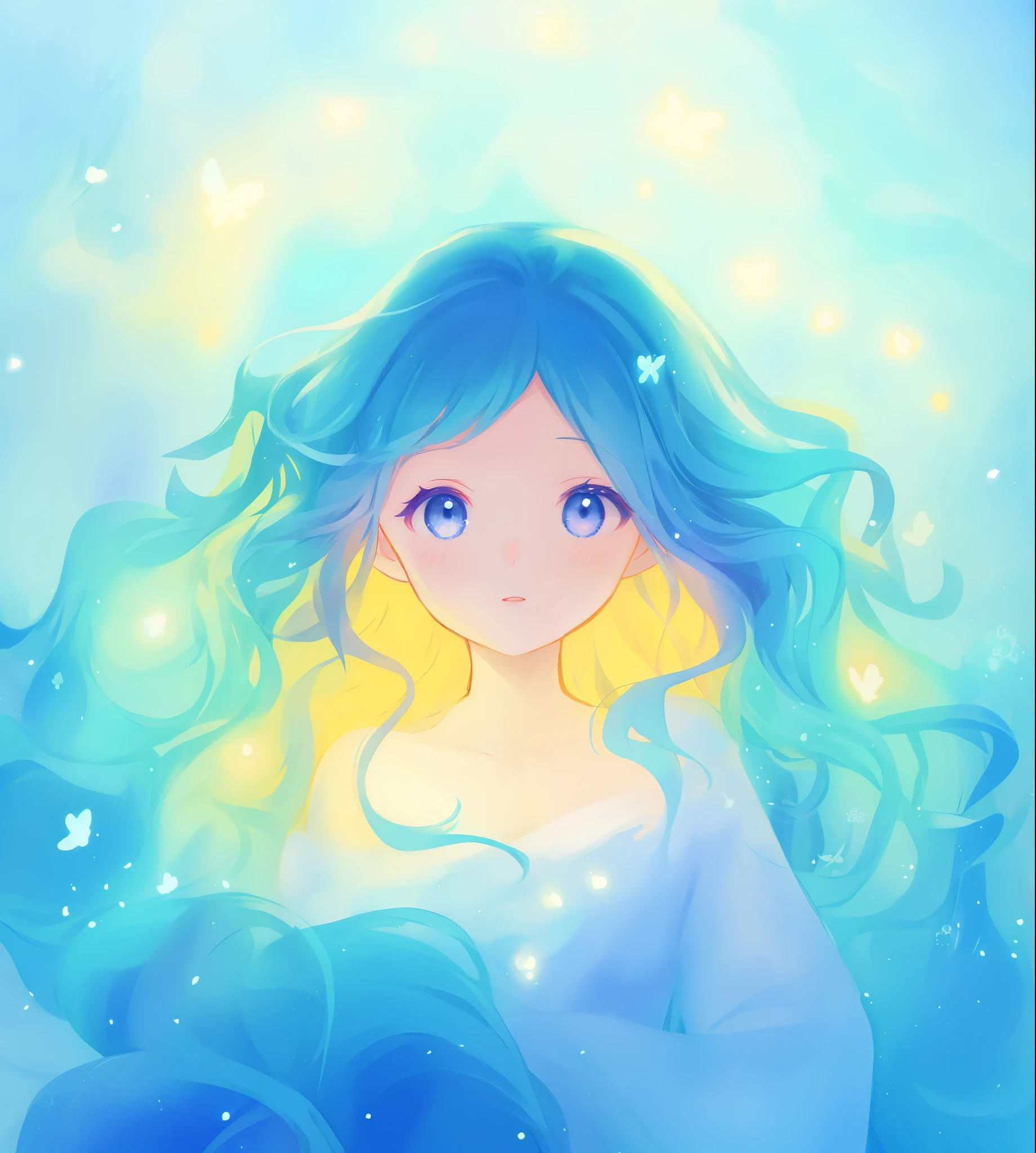 beautiful girl surrounded by liquid light, long wavy blue hair, watercolor illustration, inspired by Glen Keane, inspired by Lois van Baarle, disney art style, by Lois van Baarle, glowing aura around her, by Glen Keane, jen bartel, glowing lights! digital painting, flowing glowing hair, glowing flowing hair, beautiful digital illustration, fantasia otherworldly landscape plants flowers, beautiful, masterpiece, best quality, anime disney style