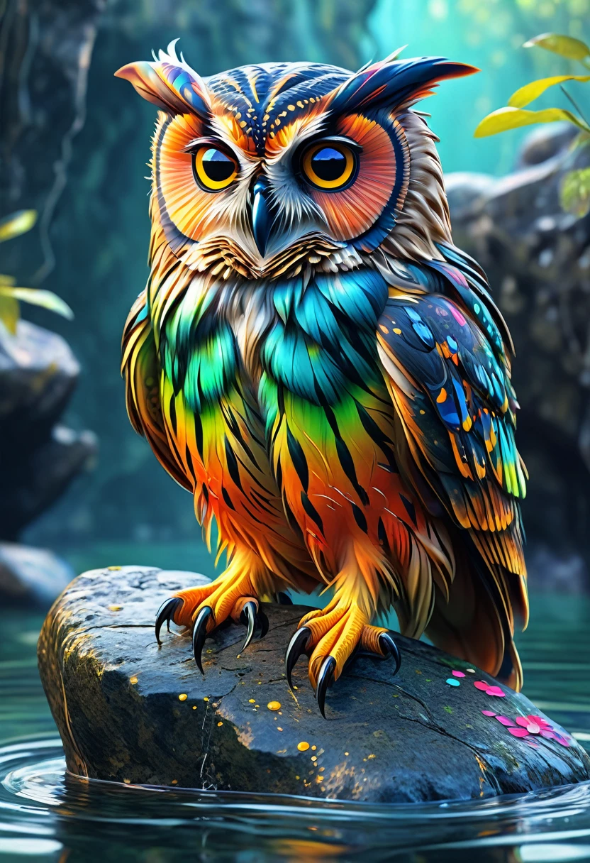 Colorful owl sitting on a rock in the water, high detailed digital artwork, high detailed digital art, 4k high detailed digital art, alien owl, digital painting highly detailed, High definition color, digital painting highly detailed, very detailed digital art, Excessively detailed digital art, detailed painting 4k, high detailed digital art, high detailed digital art, Digital Art in Ultra-Definition