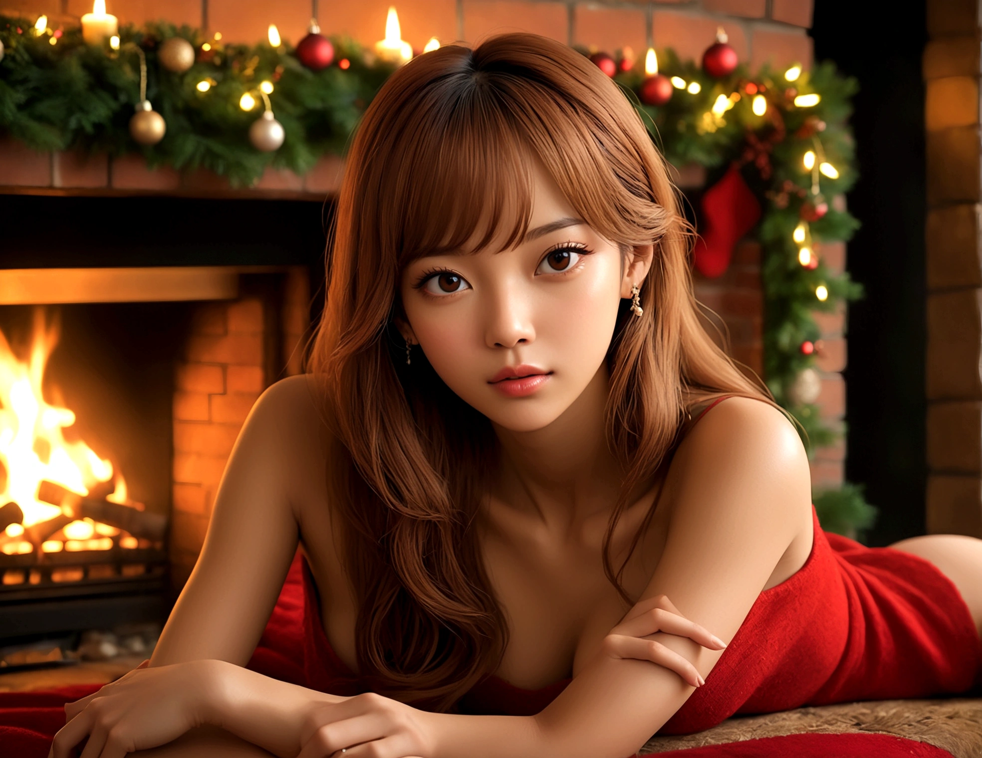 a beautiful young woman ((KPop Lisa) Lalisa Manobal, age 25), nude, her intimate areas fully exposed and very detailed, (seductive poses and gestures) by an old-fashioned fireplace with a roaring fire, Christmas scene (best quality, 4k, 8k, highres, masterpiece:1.2), ultra-detailed, (realistic, photorealistic, photo-realistic:1.37), HDR, UHD, studio lighting, ultra-fine painting, sharp focus, physically-based rendering, extreme detail description, professional, vivid colors, bokeh, portrait, figurative, intimate, sensual, cozy, Christmas, warm lighting, chiaroscuro (show her entire body, show all of her)
