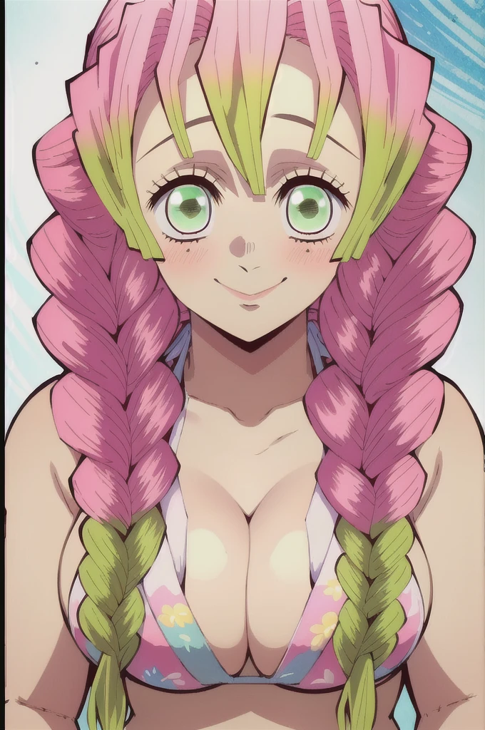 (masterpiece, best quality), intricate details,
MitsuriKanroji, kanroji mitsuri, 1girl, solo, long hair, winking, green eyes, pink hair, braid, green hair, twin braids, smile, cute smile, blushed smile, blush, blushing, large breast, huge breasts, bikini top, collarbone, neck, bare shoulders, pink bikini top, cleavage, top angle, shot from above, perfect shot, plain background, white background, photoshoot, complete head in frame, zoomed out, top of head, perfect shot, perfect framing, background