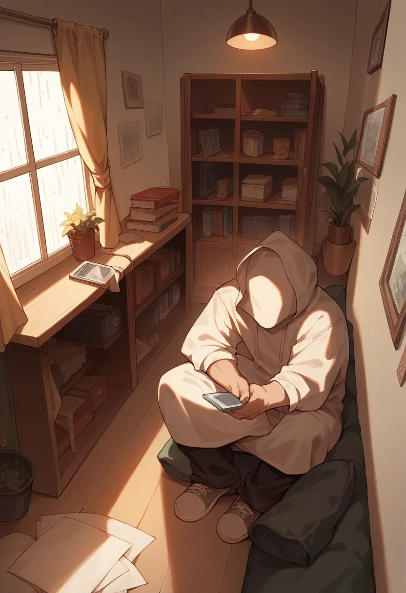 Lofi style room, study night , rain through the window, at night , Boy in hood studying With face and phone studying