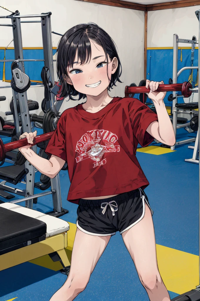 best quality, masterpiece, detailed,2d,flat color, 1girl,10yo,petit,grin,my room,,school gym shirts,school gym shorts,buruma