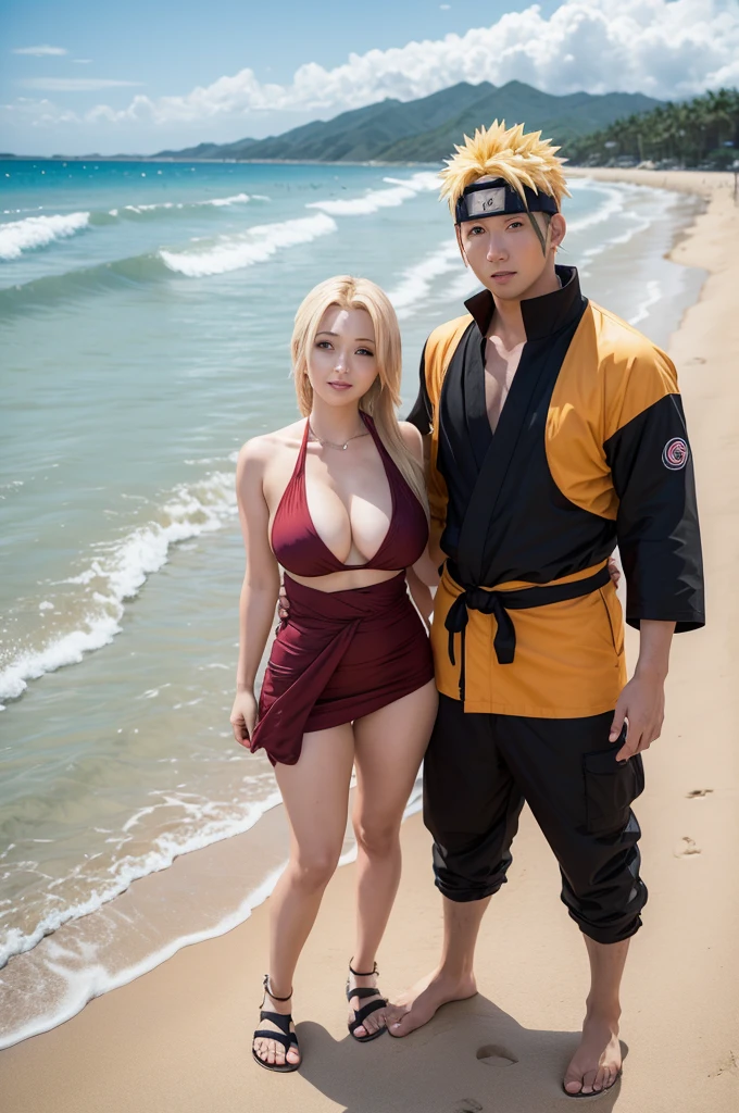 Naruto on a beach with Tsunade 