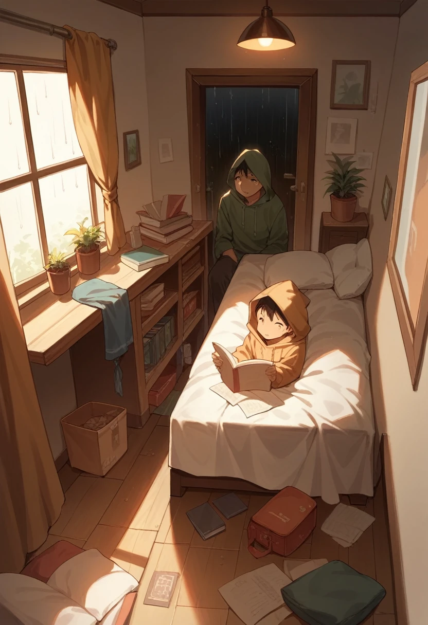 Lofi style room, study night , rain through the window, at night , Boy in hood studying