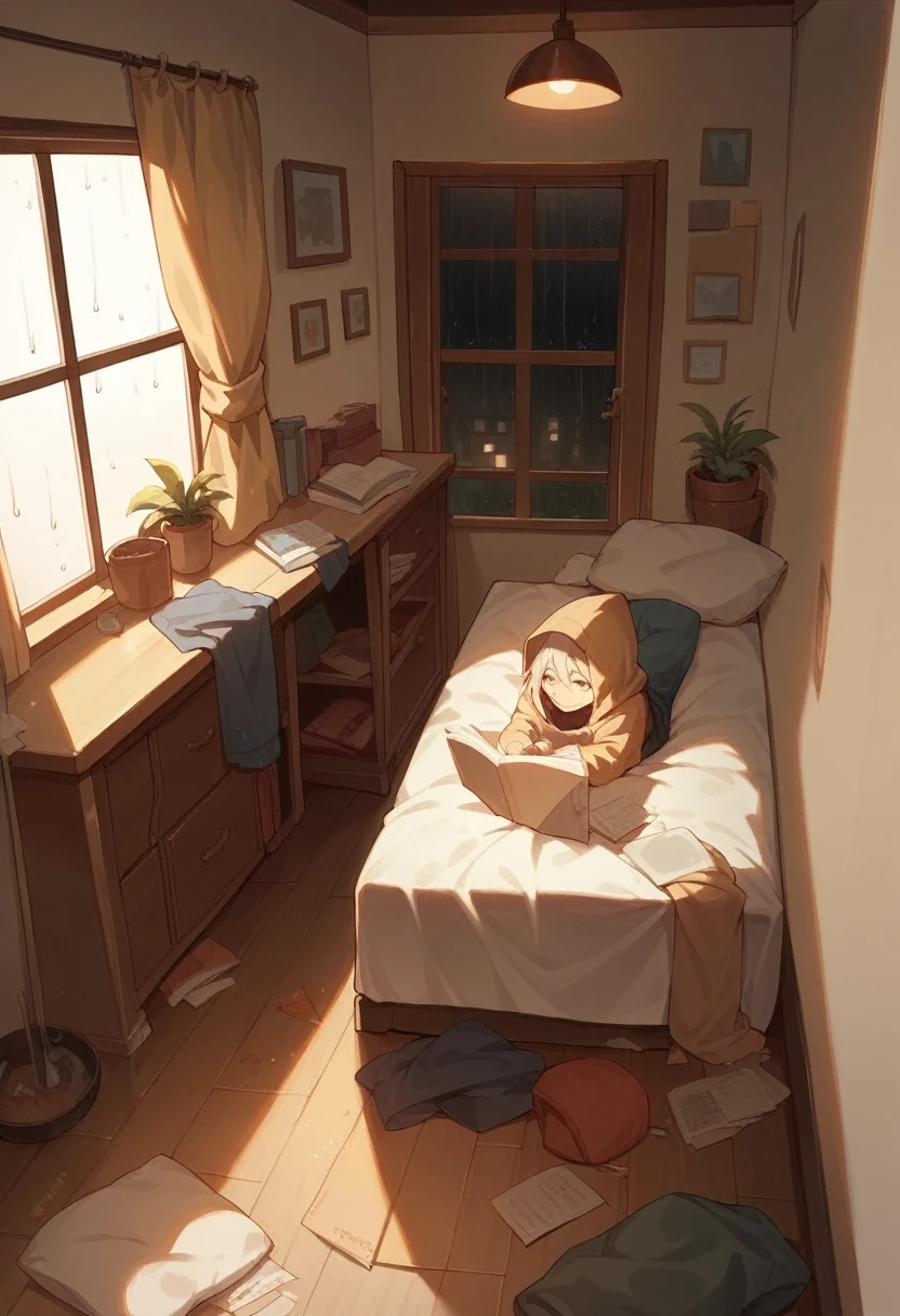 Lofi style room, study night , rain through the window, at night , Boy in hood studying