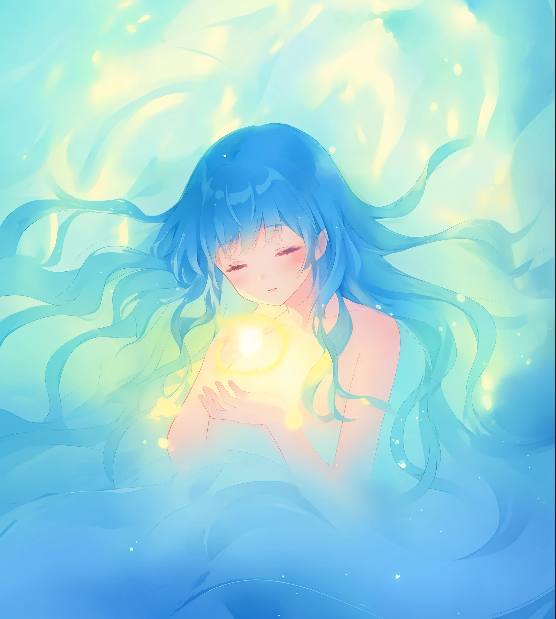 beautiful nude girl surrounded by liquid light, long wavy blue hair, watercolor illustration, glowing aura around her, glowing flowing hair, fantasia background
