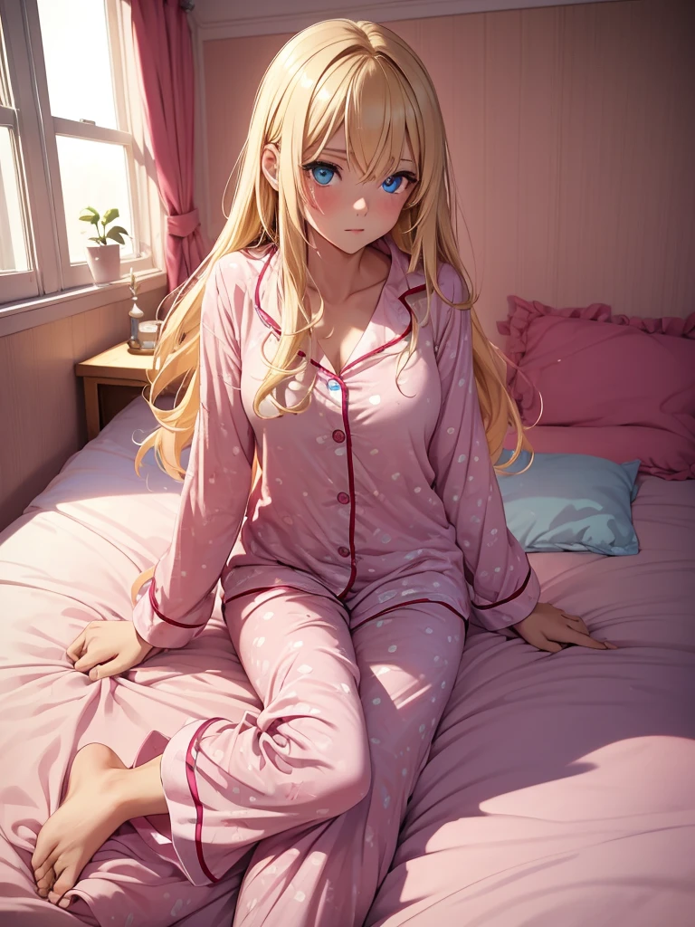 an adult girl, Blonde, blue eyes, loose hair, lying in her bed with a somewhat sick face, in pink full body pajamas