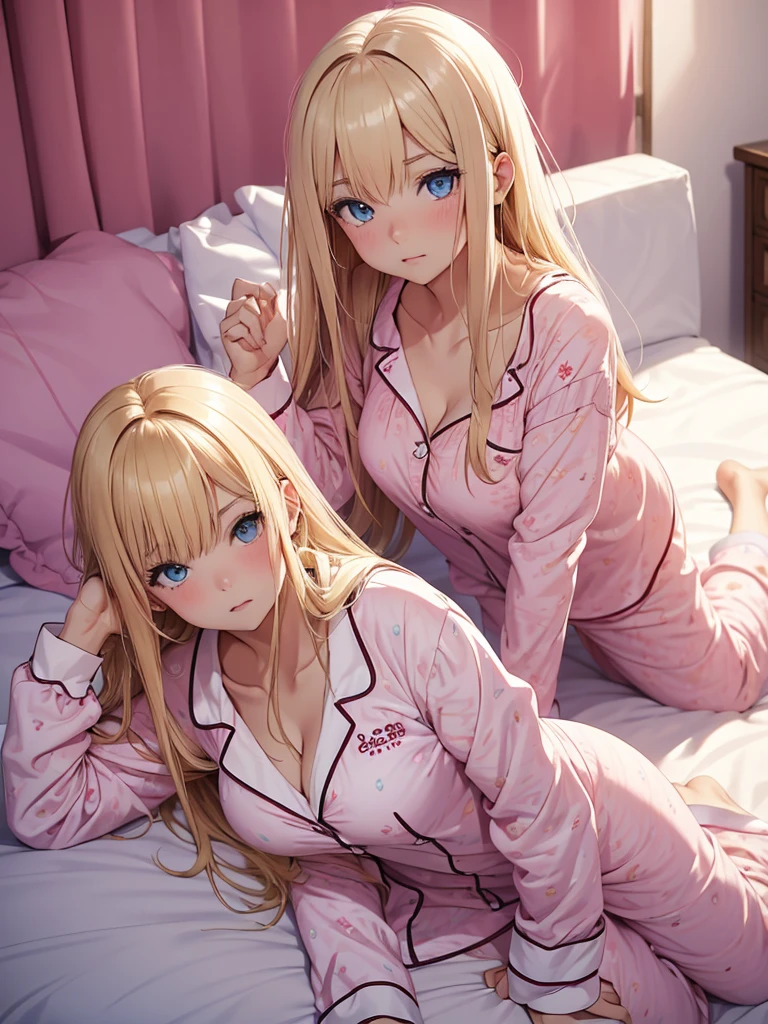 4kqulity, top-quality, Shiina_mahiru, Brown-eyed, blonde hair, Small_Breast, on the beds, Pink lingerie, 16 age, sexypose, (((bottomless))), (((no panties))), Bewitchinass sweat, soaked body, beauty legeautiful abace to feel, Love, (((pussy cum)))