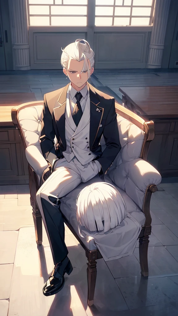 best quality,Japanese animation style 1adult male,((solo)),short hair,Protruding hair,white hair,((((Up-bang and parted into seven thirds)))),((hair slicked back)),small eyes,slant eyes, white eyes,
stern expression,Tailcoat combat specifications based on white,folding one's arms,((castle room)),sit on a chair