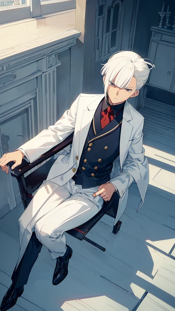 best quality,Japanese animation style 1adult male,((solo)),short hair,Protruding hair,white hair,((((Up-bang and parted into seven thirds)))),((hair slicked back)),small eyes,slant eyes, white eyes,
stern expression,Tailcoat combat specifications based on white,folding one's arms,((castle room)),sit on a chair