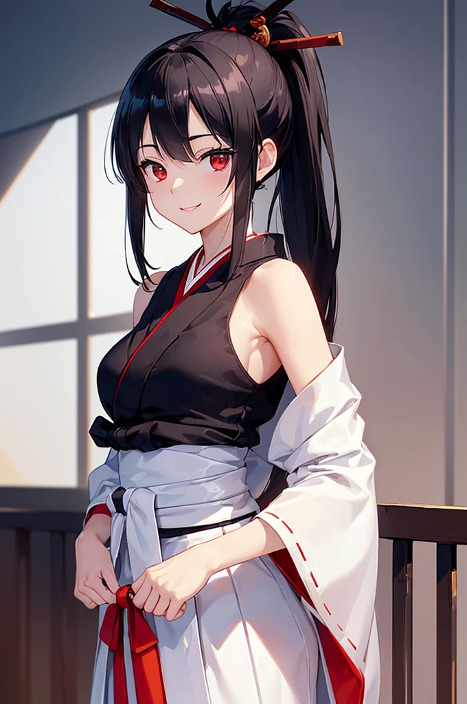 (masterpiece; best quality: 1.2), (finely detailed eyes: 1.3), ((25 year old woman)), ((solo)), (red eyes: 1.4), (body; lithe, slender, femenine: 1.3), (black hair in ponytail: 1.3), (beautiful and clear background: 1.2), ((depth of field)), (clothes: ronin attire + black-and-white hakama + red sash: 1.3), (anime illustration: 1.2), (background composition; kendo dojo + night time: 1.1), (extremely fine and beautiful: 1.1), (shot composition; standing + centered on torso + close-up: 1.5), (expression; calm, smile: 1.2)