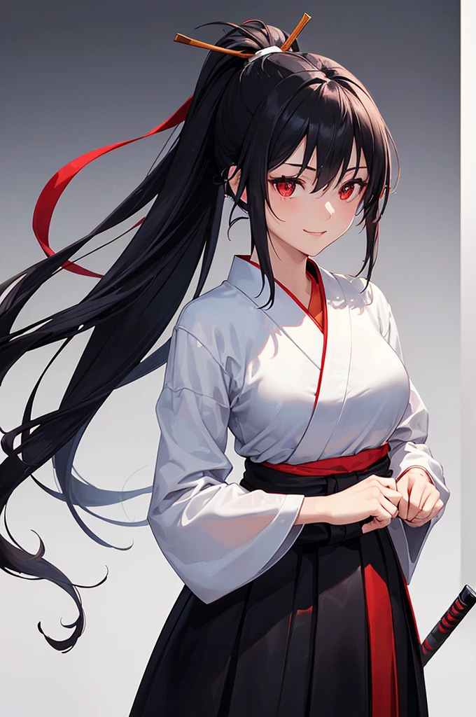 (masterpiece; best quality: 1.2), (finely detailed eyes: 1.3), ((25 year old woman)), ((solo)), (red eyes: 1.4), (body; lithe, slender, femenine: 1.3), (black hair in ponytail: 1.3), (beautiful and clear background: 1.2), ((depth of field)), (clothes: ronin attire + black-and-white hakama + red sash: 1.3), (anime illustration: 1.2), (background composition; kendo dojo + night time: 1.1), (extremely fine and beautiful: 1.1), (shot composition; standing + centered on torso + close-up: 1.5), (expression; calm, smile: 1.2)