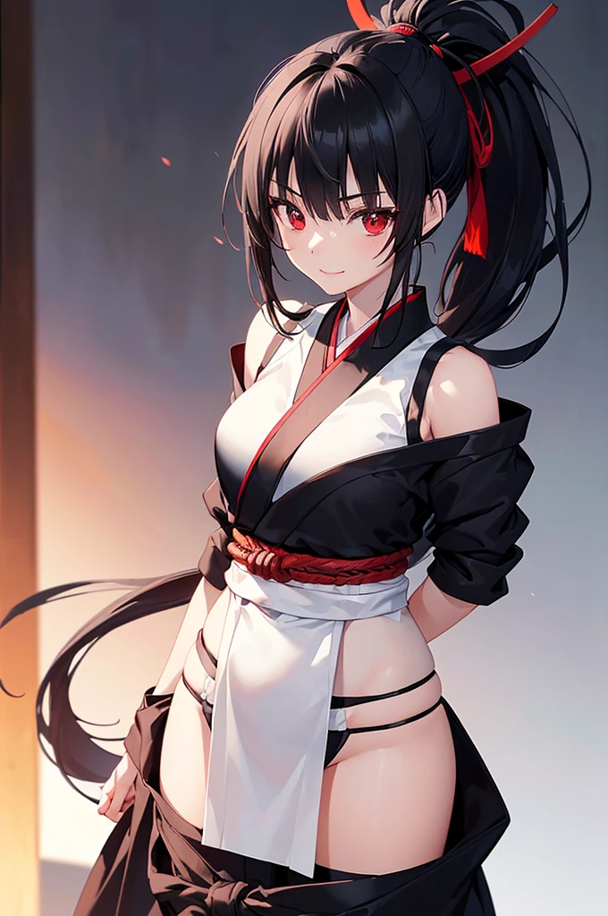 (masterpiece; best quality: 1.2), (finely detailed eyes: 1.3), ((25 year old woman)), ((solo)), (red eyes: 1.4), (body; lithe, slender, femenine: 1.3), (black hair in ponytail: 1.3), (beautiful and clear background: 1.2), ((depth of field)), (clothes: ronin attire + black-and-white hakama + red sash: 1.3), (anime illustration: 1.2), (background composition; kendo dojo + night time: 1.1), (extremely fine and beautiful: 1.1), (shot composition; standing + centered on torso + close-up: 1.5), (expression; calm, smile: 1.2)