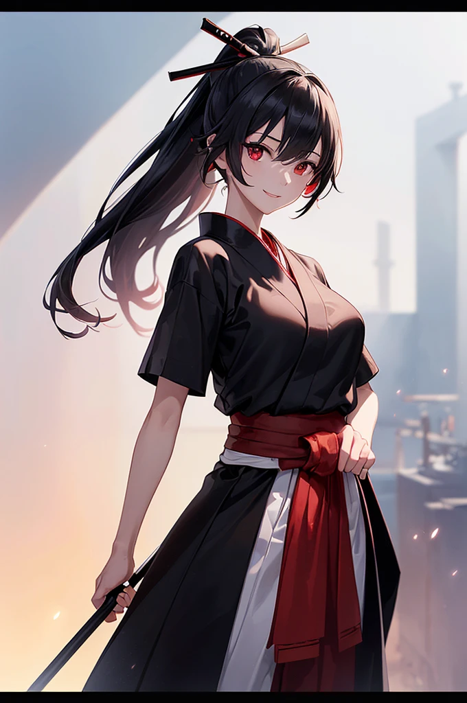 (masterpiece; best quality: 1.2), (finely detailed eyes: 1.3), ((25 year old woman)), ((solo)), (red eyes: 1.4), (body; lithe, slender, femenine: 1.3), (black hair in ponytail: 1.3), (beautiful and clear background: 1.2), ((depth of field)), (clothes: ronin attire + black-and-white hakama + red sash: 1.3), (anime illustration: 1.2), (background composition; kendo dojo + night time: 1.1), (extremely fine and beautiful: 1.1), (shot composition; standing + centered on torso + close-up: 1.5), (expression; calm, smile: 1.2)