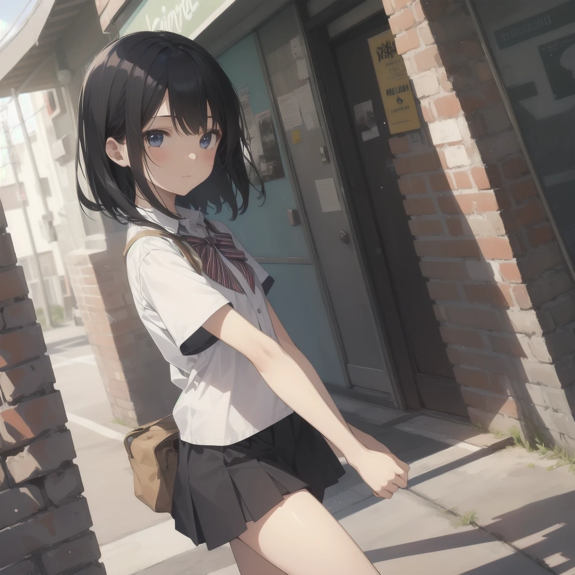 ultra-absurdres-Top quality by artist God, ultra detailed, A high resolution, anime moe artstyle, best anime 8 k konachan wallpaper, winner of the pixiv competition, pool:2810, Ideal Anatomy,BREAK, 1 girl, (Please draw a girl walking sleepily to school alone. )BREAK,(One,small woman, 13 year old:1.3),Full limbs, full fingers,a junior high school student,  (very short hair), shortcut, flat chest, , small butt, small black eyes, beautiful detailed eyes, Proportional iris and pupils, expressive eyes, detailed hair in high resolution, Soft facial expression, school_uniform, the bow tie, collared shirt.  pleated skirt,(detailed lighting), (detailed background), on the school route. BREAK,super detailed skin, Best cinematic lighting powered by famous artist, 8 k,beauty illustration,photoshopped_(middle),very aesthetic,BREAK,((artist:Phantom_ix_row )), artist:more ,artist:acid level ,artist:Kantoku ,