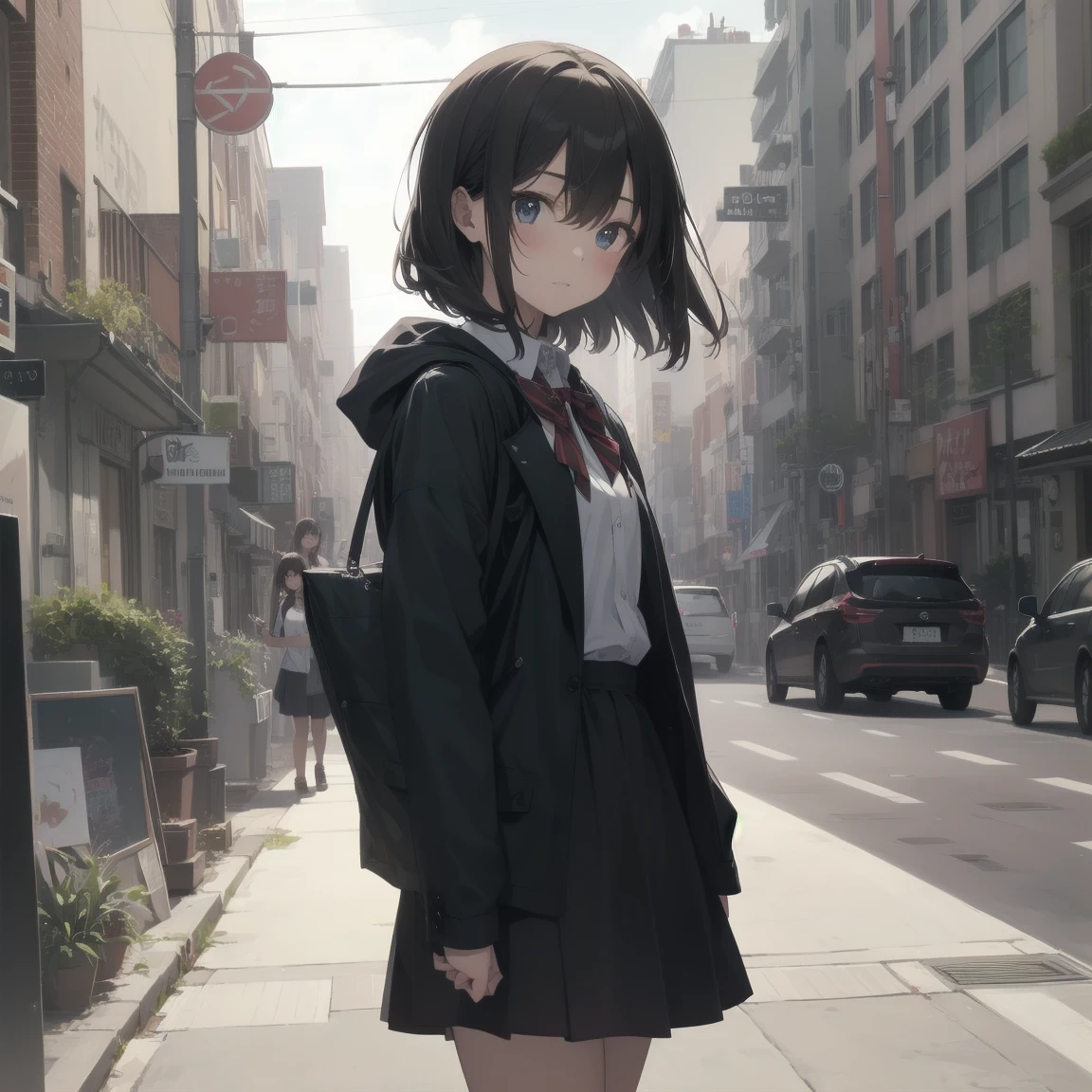 ultra-absurdres-Top quality by artist God, ultra detailed, A high resolution, anime moe artstyle, best anime 8 k konachan wallpaper, winner of the pixiv competition, pool:2810, Ideal Anatomy,BREAK, 1 girl, (Please draw a girl walking sleepily to school alone. )BREAK,(One,small woman, 13 year old:1.3),Full limbs, full fingers,a junior high school student, (very short hair), shortcut, flat chest, , small butt, small black eyes, beautiful detailed eyes, Proportional iris and pupils, expressive eyes, detailed hair in high resolution, Soft facial expression, school_uniform, the bow tie, collared shirt. pleated skirt,(detailed lighting), (detailed background), on the school route. BREAK,super detailed skin, Best cinematic lighting powered by famous artist, 8 k,beauty illustration,photoshopped_(middle),very aesthetic,BREAK,((artist:Phantom_ix_row )), artist:more ,artist:acid level ,artist:Kantoku ,