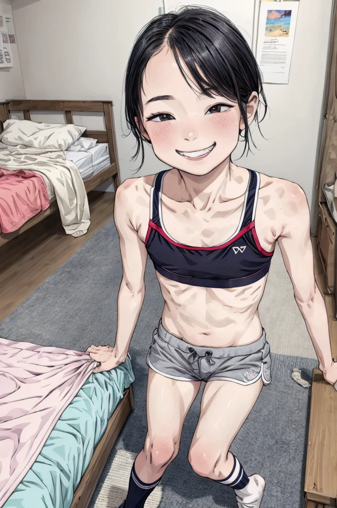 best quality, masterpiece, detailed,2d,flat color, 1girl,,petit,grin,my room,,sports bra,shorts,socks