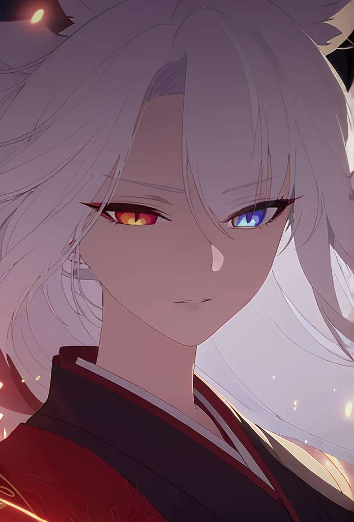 a beautiful blue and black kitsune, big breasts, long White hair, slim waist, detailed portrait, intricate details, dramatic lighting, mystical, elegant, sensual, long white tail, heterochromia (one blue eye, one red eye), His eyes would shine brightly, Surrounded by red energy fireflies, red and black kimono with occi dragon design