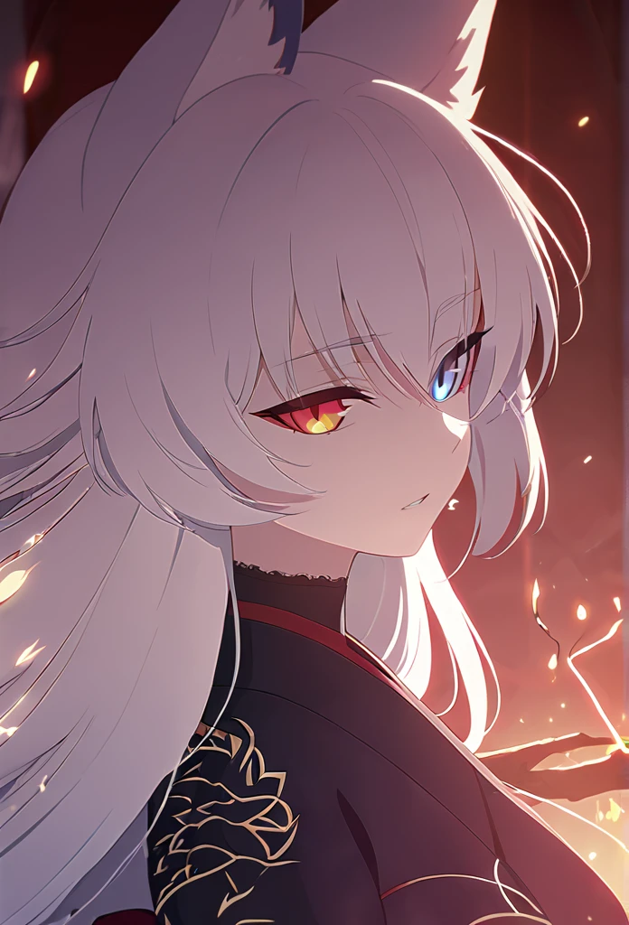a beautiful blue and black kitsune, big breasts, long White hair, slim waist, detailed portrait, intricate details, dramatic lighting, mystical, elegant, sensual, long white tail, heterochromia (one blue eye, one red eye), His eyes would shine brightly, Surrounded by red energy fireflies, red and black kimono with occi dragon design