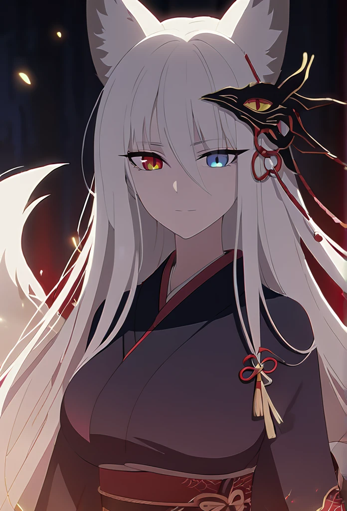 a beautiful blue and black kitsune, big breasts, long White hair, slim waist, detailed portrait, intricate details, dramatic lighting, mystical, elegant, sensual, long white tail, heterochromia (one blue eye, one red eye), His eyes would shine brightly, Surrounded by red energy fireflies, red and black kimono with occi dragon design