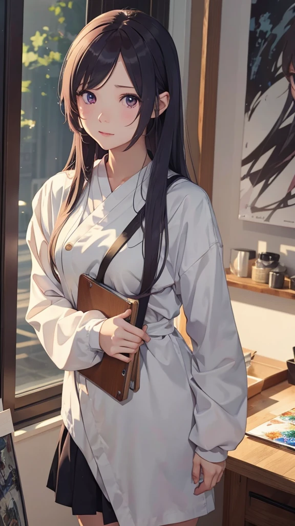anime girl with a brush and a painting board in front of a window, painted in anime painter studio, Realistic cute girl drawing, beautiful anime portrait, anime. Soft lighting, Detailed painting 4k, anime realism style, realistic anime artstyle, Gweiz-style artwork, realistic anime art style, made with anime painter studio, portrait anime girl,Bad mood