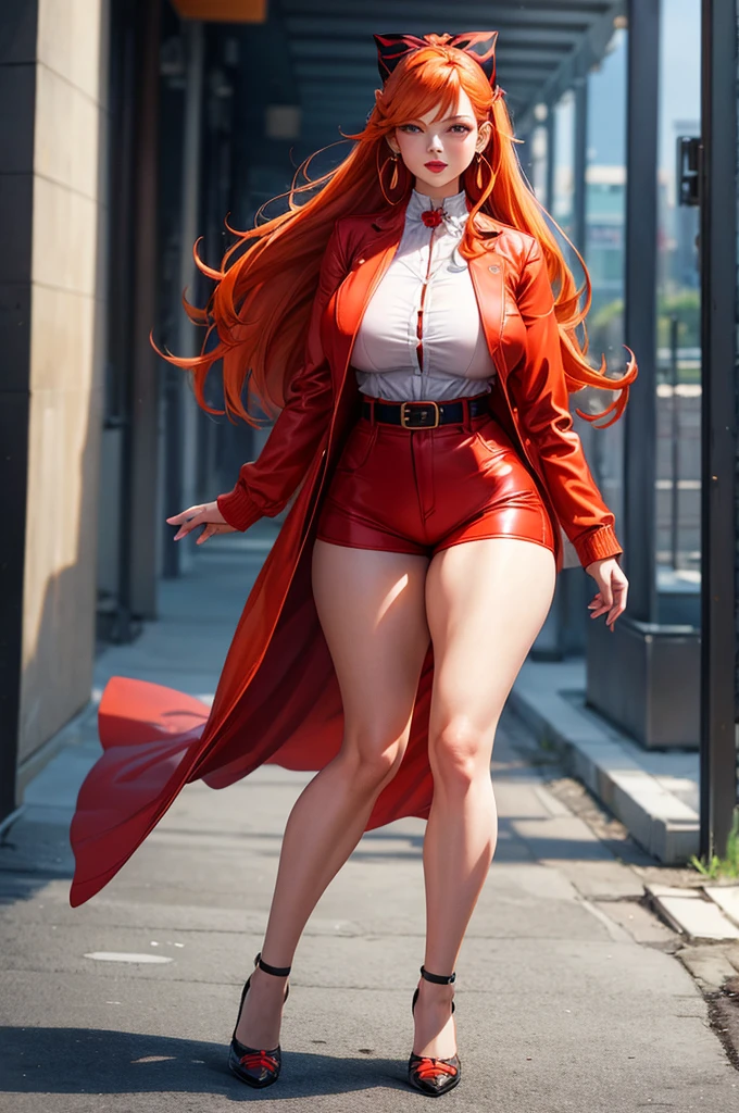 piperBS_mariposa, orange hair, long hair, earrings, hair bow, realistic face, red lips, big breasts, big thighs, big ass, red belt, heels, standing, one character, white shirt, black shorts,