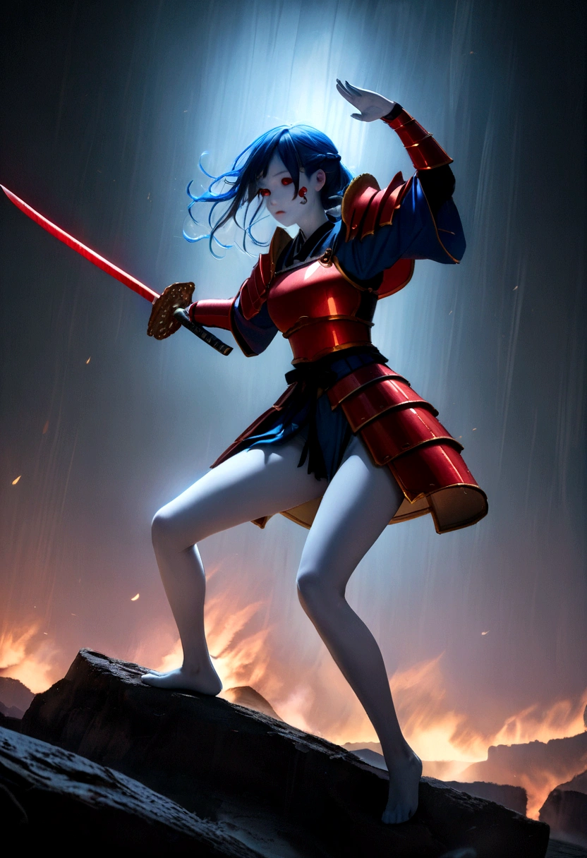 Best quality, masterpiece, super high resolution, (reality: 1.4), raw photo, (slender legs) (perfect figure), dynamic pose, samurai in red Japanese armor, whole body in red cobalt blue armor, one hand Holding a sword and taking command on the battlefield, the background is a white light covering the character, solo, cobalt blue Japanese armor, white skin, face tattoo, darkness, deep shadows, low key, cold light
12000K