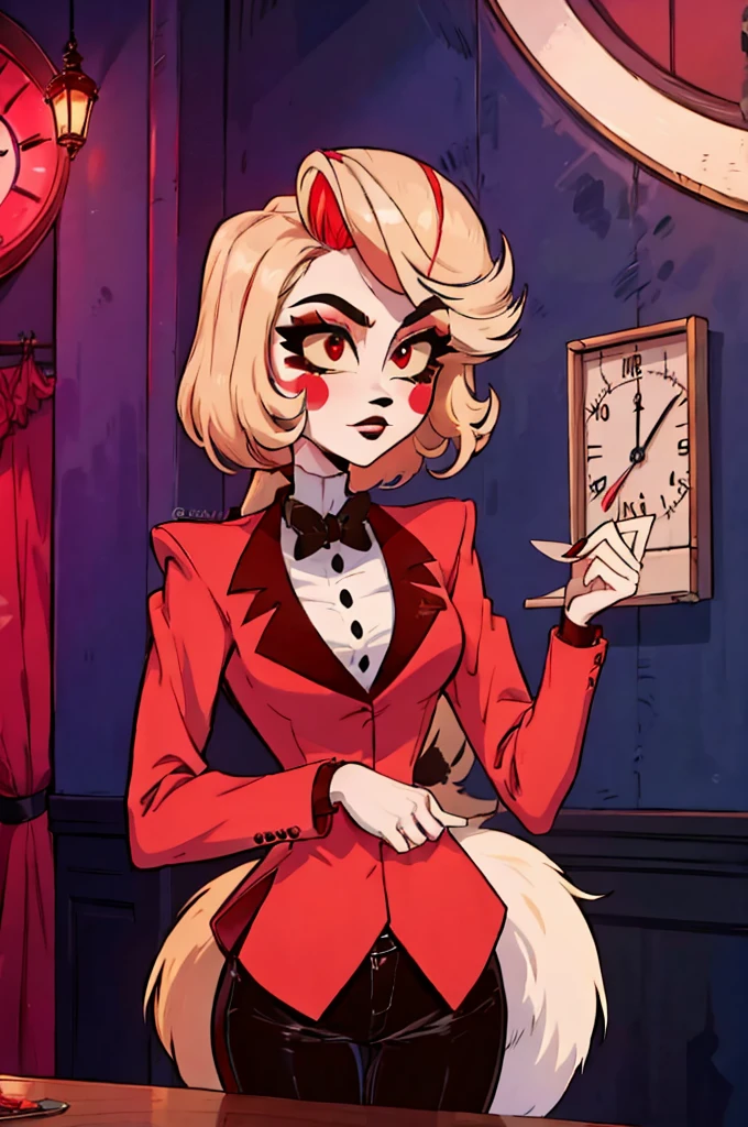 Solo female,Furry,Fox ,Red fox,Dark red feathers,Fox,Black fox ears with red tips,Red eyes with black skeral,Vintage style,Short hair ,with wavy dark red tips,A long jacket with a dark red collar,white shirt,With a clock on it black tie, black trousers, dark red fluffy fox tail,


