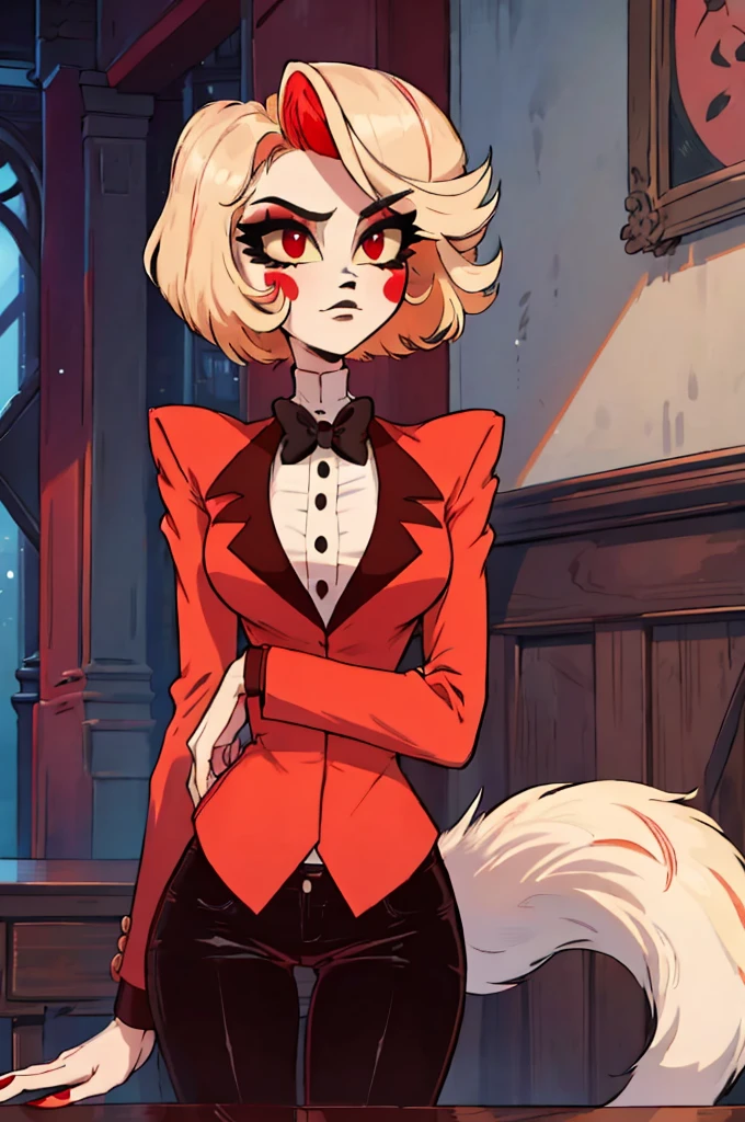 Solo female,Furry,Fox ,Red fox,Dark red feathers,Fox,Black fox ears with red tips,Red eyes with black skeral,Vintage style,Short hair ,with wavy dark red tips,A long jacket with a dark red collar,white shirt,With a clock on it black tie, black trousers, dark red fluffy fox tail,


