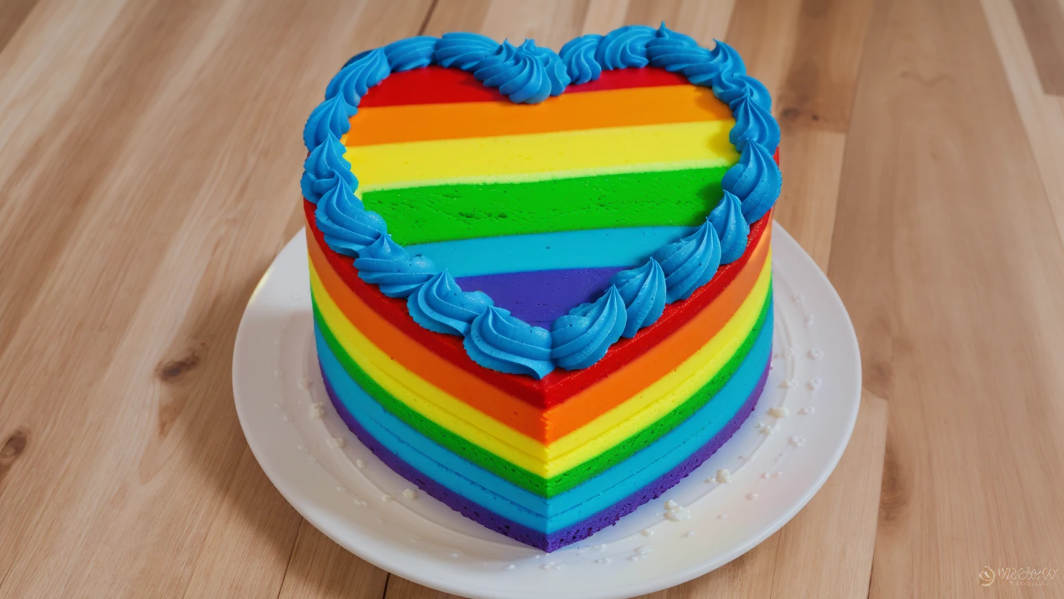 on a wooden table, there is a rainbow cake in the shape of a heart, top blue cream wave, cream texture, Realistic style, realistic texture, bright lighting, high quality, detailed texture, Beautiful light from the window, beautiful lighting, high detail, ultra 4k hd, super clear photo without blur 