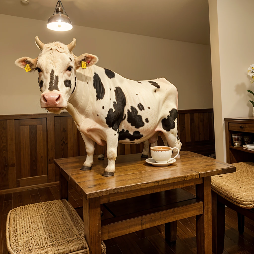An animal cow sitting at a table and drinking a cup of tea