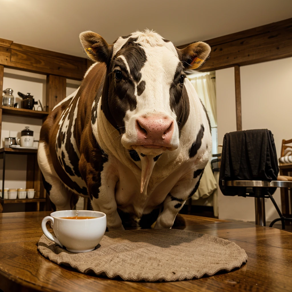 An animal cow sitting at a table and drinking a cup of tea