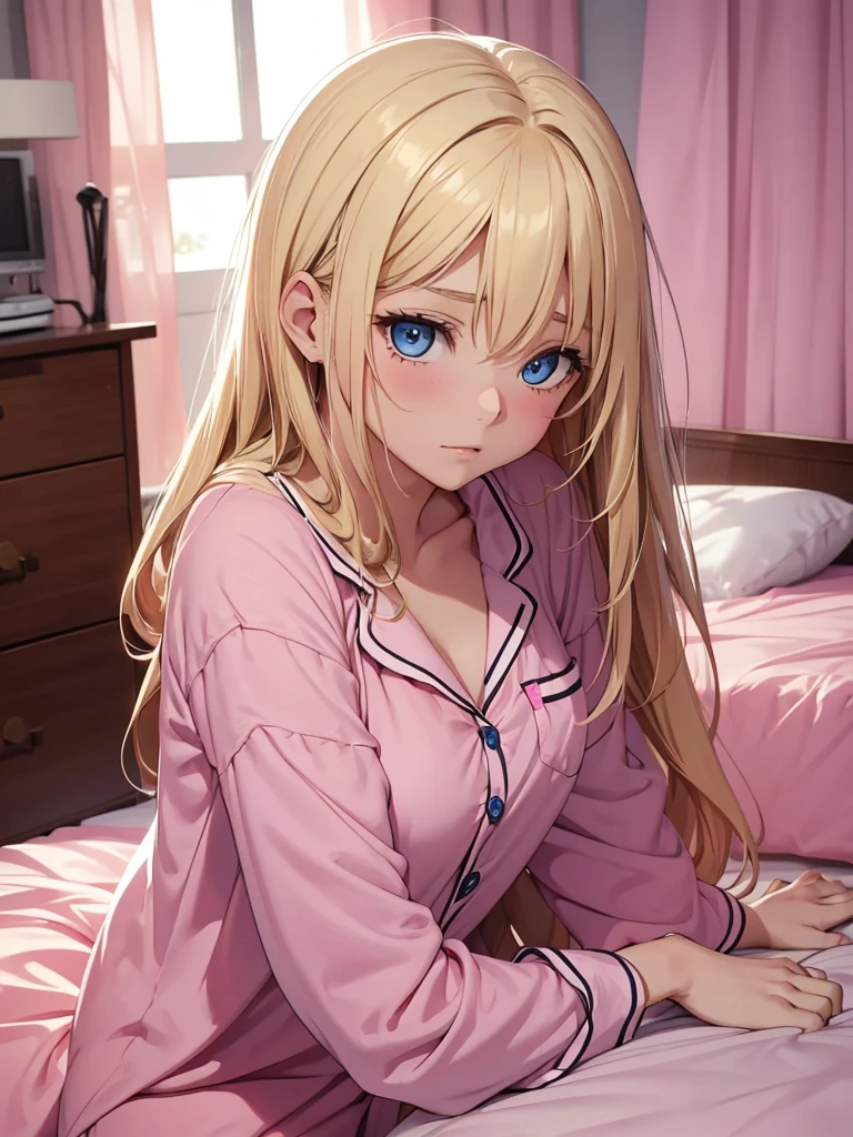 an adult girl, Blonde, blue eyes, loose hair, lying in her bed with a somewhat sick face, in pink full body pajamas 
