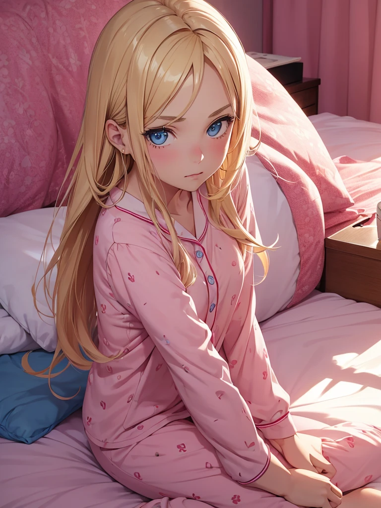 an adult girl, Blonde, blue eyes, loose hair, lying in her bed with a somewhat sick face, in pink full body pajamas 
