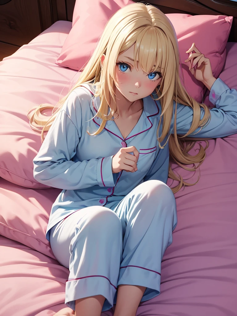 an adult girl, Blonde, blue eyes, loose hair, lying in her bed with a somewhat sick face, in pink full body pajamas 
