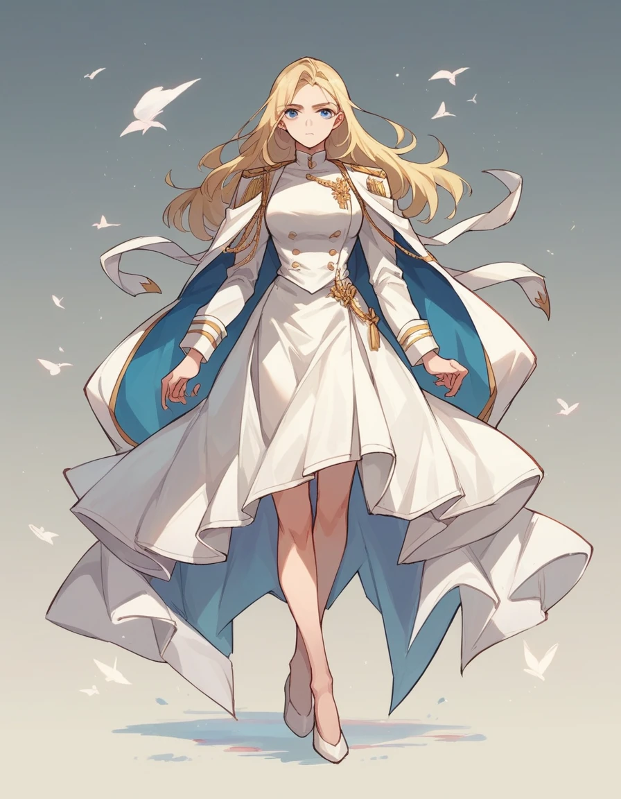 commander anime girl, white commander clothes, white skirt, 18 years old, blonde hair, blue eyes, a little shy, full body wiew