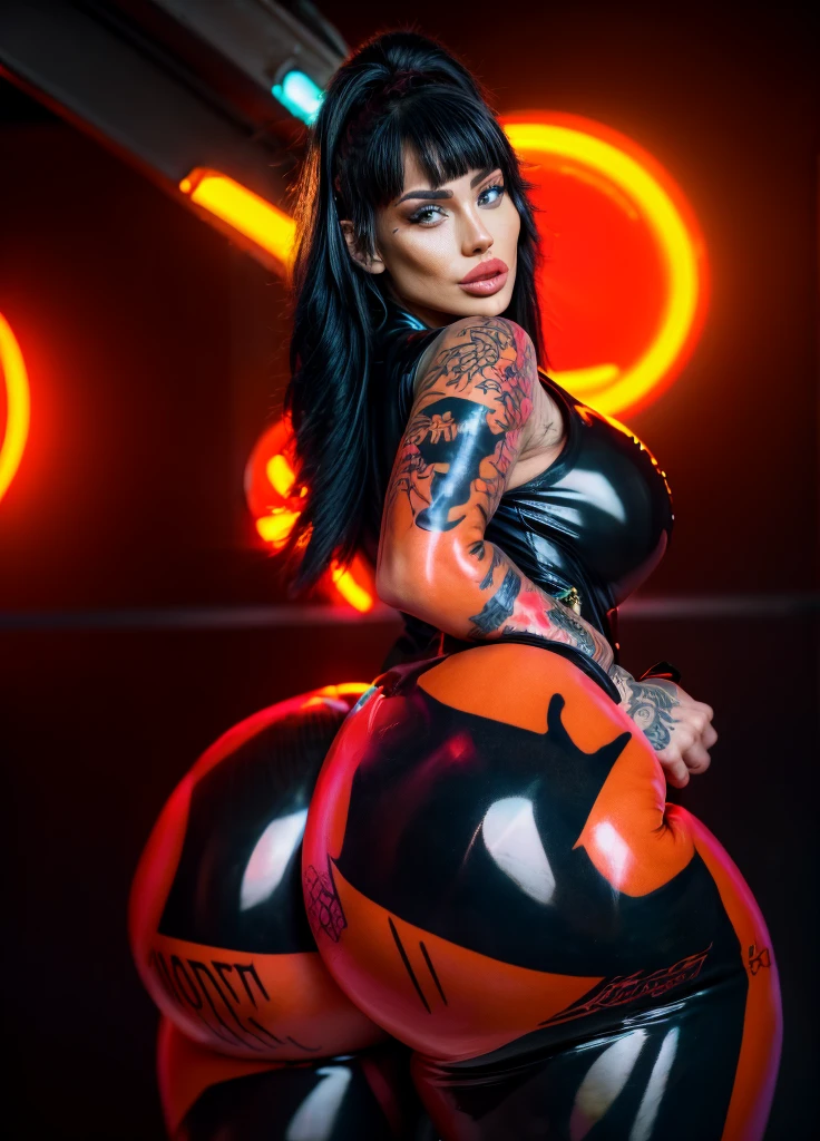 Beautiful woman with incredible body wearing a dark gray latex full body catsuit with red neon tattoos shining like intense light through the outfit, young woman, with her back to the camera showing a huge ass, Very slender waist, wide hip, night and urban scenery with bokeh and flares on camera, red neon tattoos lit up like intense light on latex clothing