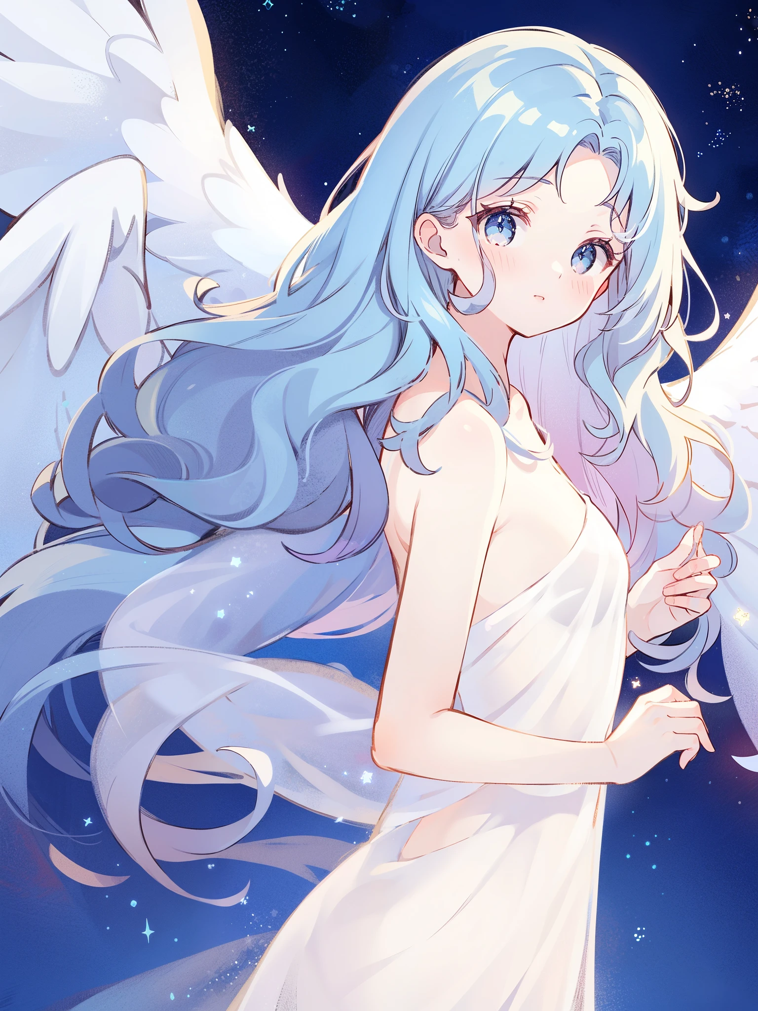 nude angel girl wearing an ethereal translucent dress, pale skin, ((wavy blue hair)), white feathers, angel wings, sparkling detailed eyes, golden ratio face, perfect composition, highly detailed, ethereal, (starry night sky background), midjourney style
