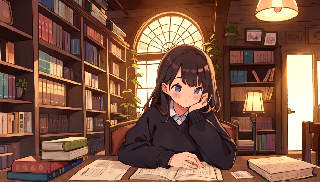 A cute girl studies alone in the library